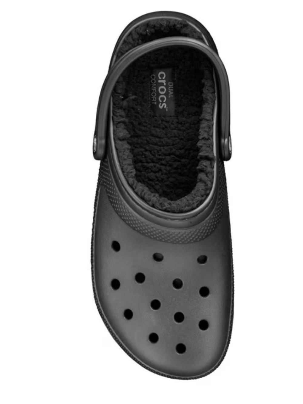 black Crocs Classic Lined Clog warm, fuzzy black interior lining. Size m2/w4